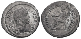 Caracalla, AD 198-217. AR, Denarius. 1.88 g. 19.99 mm. Rome.
Obv: ANTONINVS PIVS AVG. Head of Caracalla, laureate, bearded, right.
Rev: PONTIF TR P XI...
