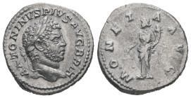 Caracalla, AD 198-211. AR, Denarius. 2.56 g. 18.42 mm. Rome.
Obv: ANTONINVS PIVS AVG BRIT. Head of Caracalla, laureate, bearded, right.
Rev: MONETA AV...