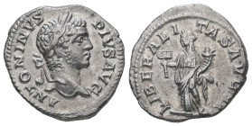 Caracalla, 198-217 AD. AR, Denarius. 2.73 g. 19.16 mm. Rome.
Obv: ANTONINVS PIVS AV. Head of Caracalla, laureate, bearded, right.
Rev: LIBERALITAS AVG...