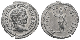 Caracalla, AD 198-217. AR, Denarius. 2.86 g. 19.41 mm. Rome.
Obv: ANTONINVS PIVS AVG BRIT. Head of Caracalla, laureate, right.
Rev: P M TR P XVI COS I...