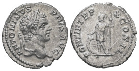 Caracalla, 198-217 AD. AR, Denarius. 3.03 g. 19.15 mm. Rome.
Obv: ANTONINVS PIVS AVG. Head of Caracalla, laureate, right.
Rev: PONTIF TR P X COS II. M...