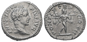 Caracalla, AD 198-217. AR, Denarius. 3.10 g. 19.53 mm. Rome.
Obv: Obv: ANTONINVS PIVS AVG. Laureate head of Caracalla, right.
Rev: PONTIF TRP X COS II...