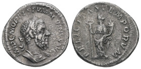 Macrinus, AD 217-218. AR, Denarius. 3.32 g. 19.92 mm. Rome. May - July 217.
Obv: IMP C M OPEL SEV MACRINVS AVG. Bust of Macrinus, laureate, cropped be...