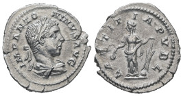 Elagabalus, AD 218-222. AR, Denarius. 2.10 g. 19.80 mm. Rome.
Obv: IMP ANTONINVS AVG. Bust of Elagabalus, laureate, draped, right.
Rev: LAETITIA PVBL....