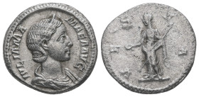Julia Mamaea, AD 222-235. AR, Denarius. 2.74 g. 19.21 mm. Rome.
Obv: IVLIA MAMAEA AVG. Bust of Julia Mamaea, diademed, right.
Rev: VESTA. Vesta, veile...
