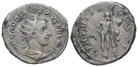 Gordian III, AD 238-244. AR, Antoninianus. 4.17 g. 23.12 mm. Rome.
Obv: IMP GORDIANVS PIVS FEL AVG. Bust of Gordian III, radiate, draped, cuirassed, r...