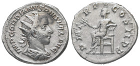 Gordian III, 238-244 AD. AR, Antoninianus. 4.56 g. 22.35 mm. Rome.
Obv: IMP GORDIANVS PIVS FEL AVG. Bust of Gordian III, radiate, draped, cuirassed, r...