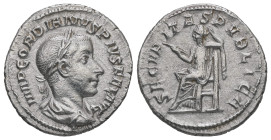Gordian III, AD 238-244. AR, Denarius. 2.59 g. 19.36 mm. Rome.
Obv: IMP GORDIANVS PIVS FEL AVG. Bust of Gordian III, laureate, draped, cuirassed, righ...