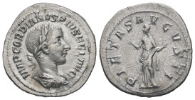 Gordian III, AD 238-244. AR, Denarius. 2.90 g. 21.05 mm. Rome.
Obv: IMP GORDIANVS PIVS FEL AVG. Bust of Gordian III, laureate, draped, cuirassed, righ...