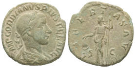 Gordian III, AD 238-244. AE, Sestertius (or As). 14.82 g. 30.45 mm. Rome.
Obv: IMP GORDIANVS PIVS FEL AVG. Bust of Gordian III, laureate, draped, cuir...