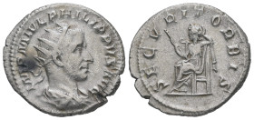 Philip I, AD 244-249. AR, Antoninianus. 3.64 g. 22.74 mm. Rome.
Obv: IMP M IVL PHILIPPVS AVG. Bust of Philip the Arab, radiate, draped, cuirassed, rig...