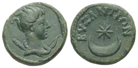 Thrace, Byzantium. Pseudo-autonomous, Second half of 2nd century AD. AE. 4.25 g. 17.67 mm.
Obv: Draped bust of Artemis, right; to left, quiver; to rig...