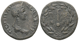 Thrace, Perinthus. Poppaea, 62-65 AD. AE. 7.40 g. 23.72 mm.
Obv: ΠΟΠΠΑΙΑ ΣΕΒΑΣΤΗ. Bust of Poppaea, right.
Rev: ΠΕ. Headdress of Isis within laurel wre...