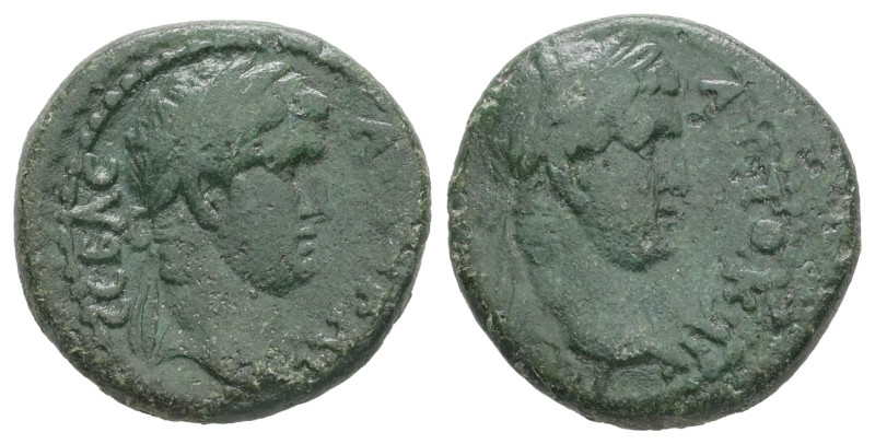 Mysia, Germe. Titus, AD 79-81. AE. 2.80 g. 16.37 mm.
Obv: Α[ΥΤΟ] ΚΑΙ ϹΕΒΑϹ. Laur...