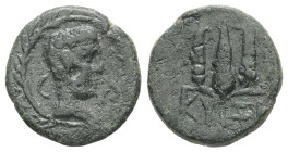 Mysia, Kyzikos. Augustus, 27 BC – AD 14. AE. 2.09 g. 15.23 mm.
Obv: Ϲ. Bare head of Augustus, right, in wreath.
Rev: ΚΥΖΙ. Three ears of corn.
Ref: RP...