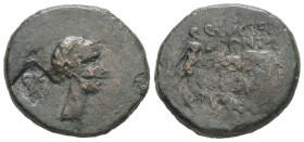 Mysia, Lampsakus. Julius Caesar, c. 45 BC. AE. 7.66 g. 22.41 mm. Lucius Pontius (duovir); Marcus Turius (legatus Augusti pro praetore); Quintus Lucret...