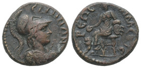 Lydia, Sala. Pseudo-autonomous, time of Trajan, AD 98-117. AE. 4.19 g. 18.03 mm. Alexandros, priest.
Obv: ϹΑΛΗΝΩΝ. Bust of Athena wearing crested Cori...
