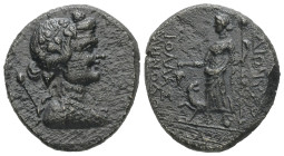 Phrygia, Dionysopolis. Pseudo-autonomous, 100-10 BC. AE. 6.09 g. 22.06 mm.
Obv: Draped bust of youthful Dionysos right, wreathed with ivy, thyrsos be...
