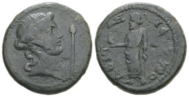 Phrygia, Hierapolis. Pseudo-autonomous. AE. 8.82 g. 24.35 mm.
Obv: Draped bust of Dionysus wearing ivy wreath, right; to right, thyrsus.
Rev: ΙΕΡΑΠΟΛΕ...