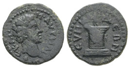 Phrygia, Synnada. Marcus Aurelius as Caesar, c. AD 147–161. AE. 2.26 g. 15.35 mm.
Obv: Μ ΑΥΡΗΛΙΟϹ ΚΑΙ. Bare head of Marcus Aurelius, right.
Rev: ϹΥΝΝΑ...
