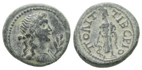 Phrygia, Tiberiopolis. Pseudo-autonomous, first half of the second century. AE. 2.47 g. 16.31 mm. 
Obv: Laureate head of Apollo, right; in front, palm...