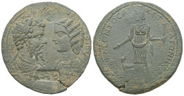 Caria, Stratonicaea. Septimius Severus with Julia Domna, AD 193-211. AE. 21.61 g. 37.47 mm. Flavius Leon, son of Lainas, archon. 
Obv: [ΑΥ ΚΑΙ ϹΕΥΗΡΟϹ...