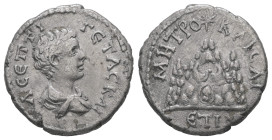 Cappadocia, Caesaraea-Eusebia. Geta as Caesar, AD 198-209. AR, Drachm. 3.31 g. 18.01 mm.
Obv: Λ ϹΕΠΤΙ ΓΕΤΑϹ ΚΑΙ. Bare-headed and draped bust of Geta, ...