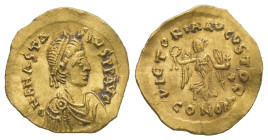 Anastasius, AD 491-518. AV, Tremissis. 1.48 g. 15.33 mm. Constantinople.
Rev: DNANASTA-SIVSPPAVC. Bust of Anastasius I facing right with diadem, cuira...