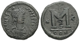 Anastasius I, AD 491-518. AE, Follis. 9.81 g. 22.96 mm. Constantinople.
Obv: D N ANASTASIVS P P AVG. Bust of Anastasius I facing right with diadem, dr...