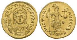 Justin II, AD 565-578. AV, Solidus. 2.80 g. 17.33 mm. Constantinople.
Obv: DNI-VSTI-NVSPPAVC. Frontal bust of Justin II with shield and cuirass and we...