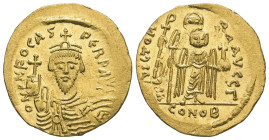 Phocas, AD 602-610. AV, Solidus. 4.49 g. 23.22 mm. Constantinople. Overstruck.
Obv: δNFOCAS-PЄRPAVC. Frontal bust of Phocas bearded, wearing cuirass, ...