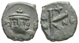 Constans II, AD 641-668. AE, Half Follis. 3.73 g. 18.33 mm. Constantinople. 
Obv: Constans II crowned bust facing, with long beard, holding cross on g...