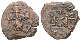 Constans II, AD 641-668. AE, Follis. 2.70 g. 21.69 mm. Constantinople. 
Obv: Constans, with long beard and moustache, wearing crown and chlamys, stand...