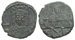 Constantine VI and Irene, AD 780-797. AE, Follis. 3.24 g. 19.21 mm. Constantinople.
Obv: Crowned bust of Irene wearing loros, holding cross on globe a...