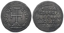 Michael II the Amorian with Theophilus, AD 820-829. AR, Miliaresion. 2.05 g. 22.09 mm. Constantinople.
Obv: IҺSЧS XRISTЧS ҺICA. Cross potent set upon ...