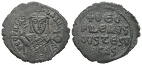 Theophilus, AD 829-842. AE, Half Follis. 4.43 g. 25.64 mm. Constantinople.
Obv: ΘEOFIL-bASIL. Crowned, three-quarter length figure of Theophilus facin...