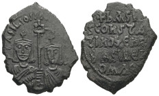 Basil I the Macedonian and Constantine VII, AD.867-886. AE, Follis. 6.86 g. 30.32 mm. Constantinople.
Obv: +ЬASILIOS S COҺST AЧGG. Crowned facing bust...