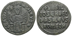 Basil I the Macedonian, 867-886 AD. AE, Follis. 5.92 g. 26.41 mm. Constantinople.
Obv: + bASILIOS bASILЄVS ✱. Emperor, crowned and wearing loros, seat...