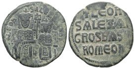 Leo VI the Wise and Alexander, AD 886-912. AE, Follis. 7.85 g. 25.42 mm. Constantinople.
Obv: + LЄOҺ-SALЄΞAҺδROS. Leo on left and Alexander on right, ...