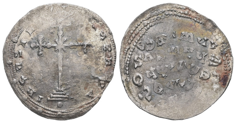 Byzantine. AR, Miliaresion. 2.11 g. 23.83 mm. Overstruck. 
Obv: IҺSЧSXPIS-TЧSҺIC...