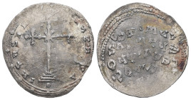 Byzantine. AR, Miliaresion. 2.11 g. 23.83 mm. Overstruck. 
Obv: IҺSЧSXPIS-TЧSҺICA. Cross potent on three steps.
Rev: Legend, triple border.
Very Fine....