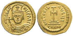 Heraclius, AD 610-613. AV, Solidus. 4.40 g. 21.27 mm. Constantinople.
Obv: δ N ҺЄRACLIЧS P P AVG. Frontal bust of Heraclius with short beard wearing ...