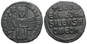 Leo VI the Wise, AD. 886-912. AE Follis. 6.64 g. - 25.43 mm. Constantinople.
Obv.: + LЄOҺЬAS-ILЄVSROM. Leo, crowned and wearing loros, seated facing ...