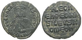 Leo VI the Wise, AD. 886-912. AE Follis. 6.64 g. - 26.21 mm. Constantinople.
Obv.: + LЄOҺЬAS-[IL]ЄVSROM. Frontal bust of Leo VI with short beard wear...