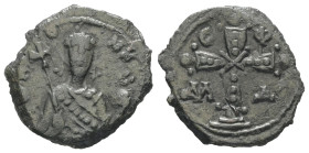 Alexius I Comnenus, AD 1081-1118. AE, Tetarteron. 2.55 g. 19.36 mm. Thessalonica.
Obv: Crowned bust of Alexius facing, wearing loros, holding jewelled...