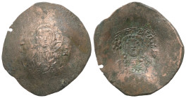 Alexius I, AD 1081-1118. Bl, Aspron Trachy. 3.88 g. 30.09 mm. Constantinople. 
Obv: IC-XC to left and right of Christ, nimbate, seated facing, holding...