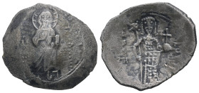 Alexius I Comnenus, AD 1081-1118. Bl, Trachy. 4.02 g. 25.91 mm. Philippopolis (?).
Obv: Christ seated facing on backless throne, with nimbus cross, ho...