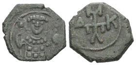 Manuel I Comnenus, AD 1143-1180. AE, Half Tetarteron. 1.46 g. 16.11 mm. Uncertain mint.
Obv: Half-length üst of ruler wearing crown and loros. Labarum...