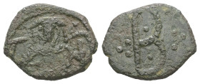 Theodore II Ducas-Lascaris, emperor of Nicaea, AD 1254-1258. AE, Tetarteron. 1.20 g. 15.46 mm. Magnesia.
Obv: Emperor seated facing, holding sceptre a...