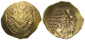 Andronicus II Palaeologus, AD 1282-1328. AV, Hyperpyron. 4.18 g. 27.84 mm. Constantinople.
Obv: Bust of the Virgin orans within the city walls furnish...